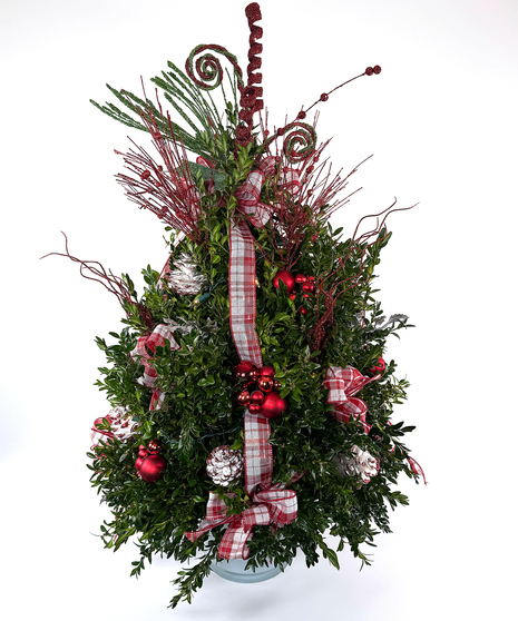 We've taken the finest premium boxwood tips from Virginia and designed a beautiful boxwood tree, then trimmed it with lights and beautiful ribbons, cones and ball clusters.